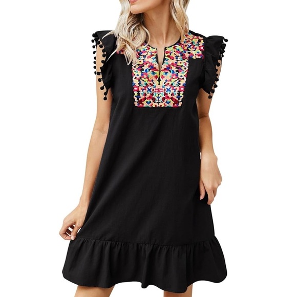 Floral Embroidered Pom Pom Sleeve Shift Dress NEW! - Picture 5 of 12